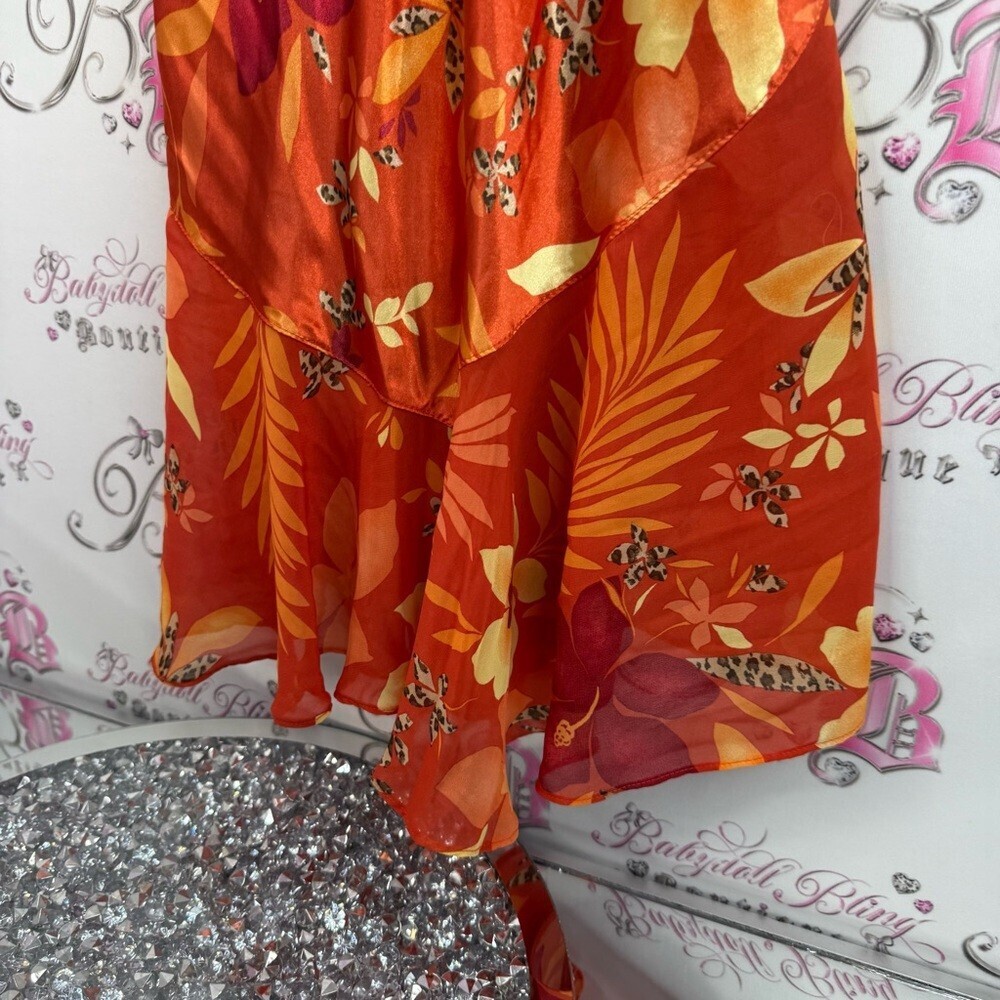 Secret Treasures dress shiny tropical cheetah print trim Coral Floral Dress - Picture 3 of 12